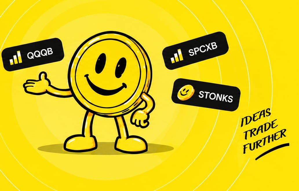 StonksPad mascot with QQQB, SPCXB and STONKS stock chips, ideas trade further